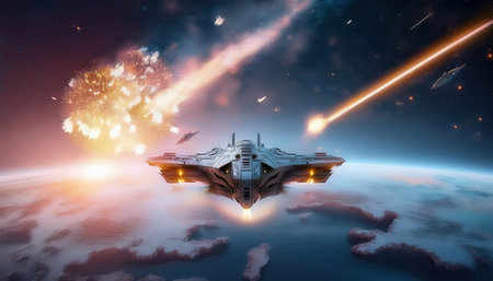 A Firefly battleship is poised for combat in the vastness of space, surrounded by bright laser beams and fiery explosions in the background, showcasing intense action.の素材