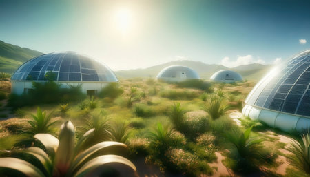 A futuristic colony thrives on an alien planet, showcasing domes and large solar panels, complemented by vibrant extraterrestrial flora under a bright sun.の素材