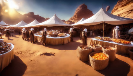 Bustling market scene showcasing interplanetary trade, with alien traders offering unique items under spacious tents in a warm desert setting.の素材