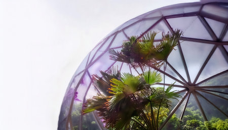 Visitors explore the fascinating ecosystem of Firefly Planet, surrounded by diverse plant life under striking glass dome structures in a vibrant environment.の素材