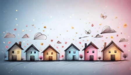 A hand drawn sketch shows a row of minimalist houses in various colors, with simple outlines and playful details like clouds and butterflies above, evoking a serene atmosphere.の素材