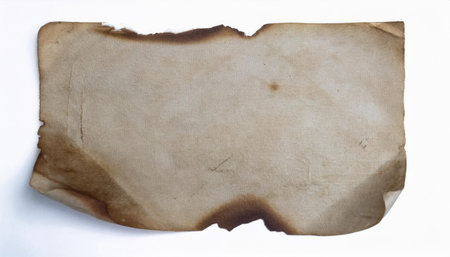 Weathered piece of burnt paper showcases intricate textures and darkened edges, perfect for creative projects or historical themes.の素材