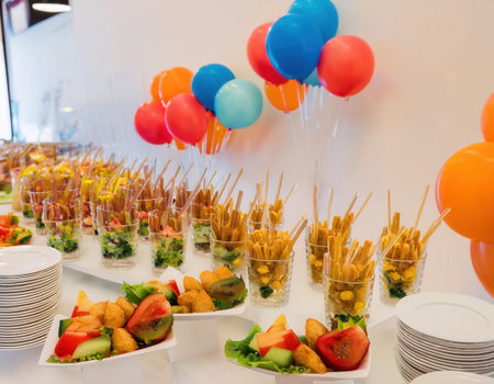 Fresh juices, fruit skewers, vegetable sticks, and mini snacks are set up at a lively gathering, enhancing the event's colorful atmosphere.の素材