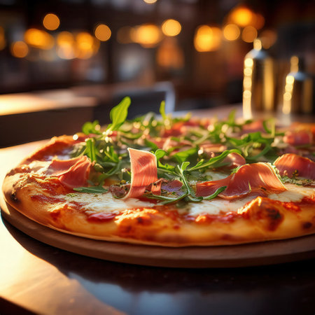 Delicious artisan pizza features fresh toppings of prosciutto, arugula, and shaved parmesan, beautifully presented on a slate board.の素材