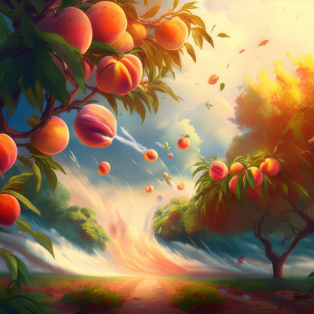 A powerful hurricane sweeps through, topping ripe peaches from trees and shaping the vibrant environment with swirling leaves.の素材