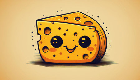 A cheerful cheese character designed with simple lines and a minimalist approach, radiating a friendly demeanor in a warm palette.の素材