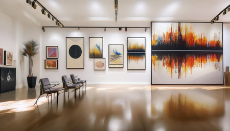A contemporary gallery features an elegant array of music-inspired paintings, inviting visitors to explore creativity and art.の素材