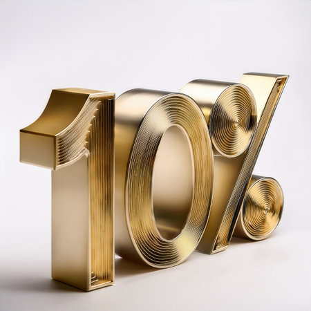 Golden decorative numeral representing ten percent features intricate spiral engravings on a smooth surface, highlighting elegance and style.の素材