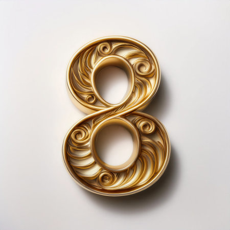 The shiny gold number eight showcases a detailed spiral engraving, highlighting its striking design on a neutral background.の素材