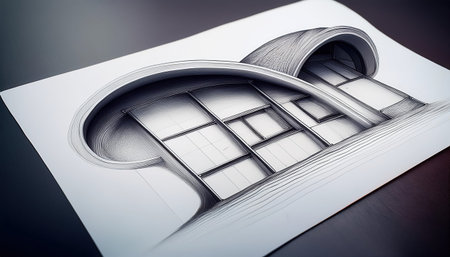 A firefly is positioned on a sheet of paper that displays a striking design of a futuristic house featuring smooth curves on a table.の素材