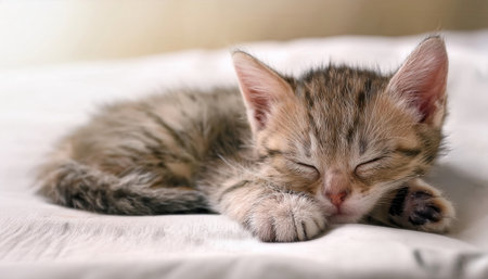 A small striped kitten is peacefully sleeping on a soft bed, surrounded by a gentle white background that fades at the edges.の素材