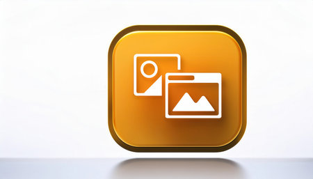 Bright yellow app icon features graphic representations of images, symbolizing creativity and technology for an AI application.の素材