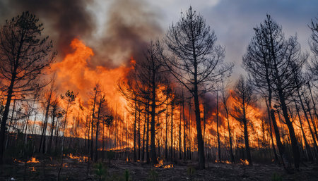 A forest fire spreads rapidly, consuming trees as flames tower against a dramatic sky filled with smoke.の素材