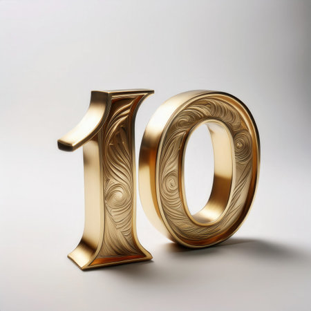 Numeral 10 crafted from gold metal shows intricate spiral engravings, creating an elegant design suitable for various occasions.の素材