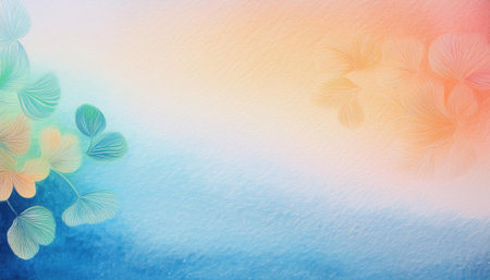 Soft gradients blend harmoniously with delicate leaf patterns, creating a calming abstract background in pastel colors.の素材