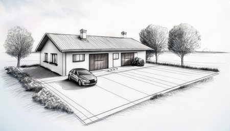 Modern house design stands out with a photorealistic hand-drawn finish, featuring a neatly paved driveway, a parked car, and soft landscaping in the backdrop.の素材
