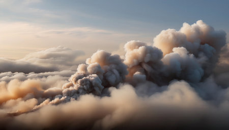 Thick, billowing clouds emerge from the horizon, creating a striking contrast against the serene evening sky, evoking a sense of wonder.の素材