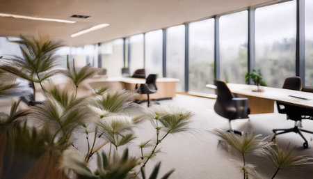 A sleek corporate office space showcases minimalistic design elements, large windows with natural light, and plants adding a touch of greenery to the environment.の素材