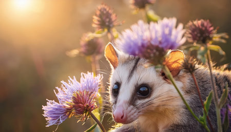 A realistic possum sits amidst vibrant wildflowers, delicately grasping blooms while warm sunlight casts a magical glow over the scene during early evening.の素材