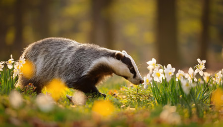 A badger wanders through a colorful meadow adorned with primroses and daffodils, enjoying the warmth and beauty of a sunny spring day.の素材