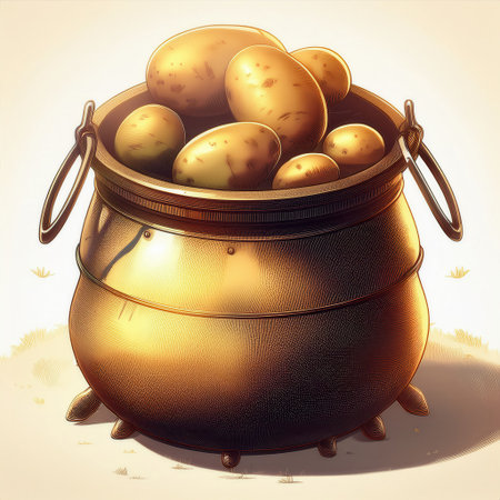 A vibrant bagpot uniquely holds an assortment of fresh potatoes, resting on a grassy area under gentle lighting.の素材