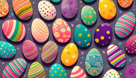 A lively assortment of brightly colored Easter eggs showcases a variety of patterns and hues, creating a festive atmosphere for spring celebrations.の素材