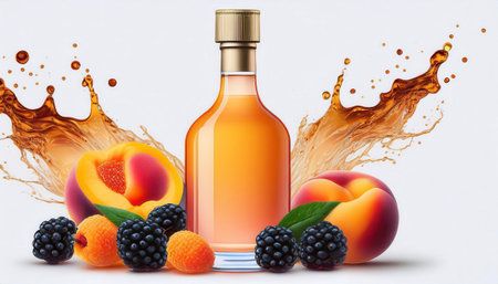 A vibrant drink showcases peach and blackberry flavors, complemented by fresh peaches and blackberries creating a lively display.の素材