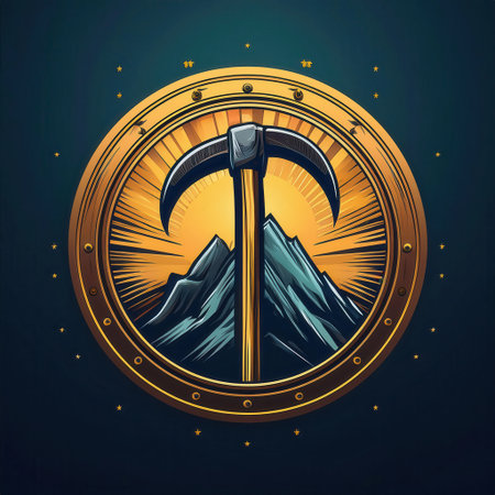The logo showcases a pickaxe and gold nugget against a mountain backdrop, emphasizing the mining theme with a vibrant glow.の素材