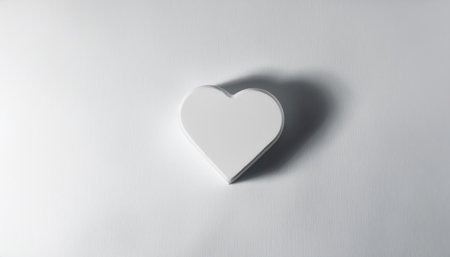 A white heart shaped tablet rests on a smooth white paper background, creating a minimal and pure aesthetic in this top-down view.の素材