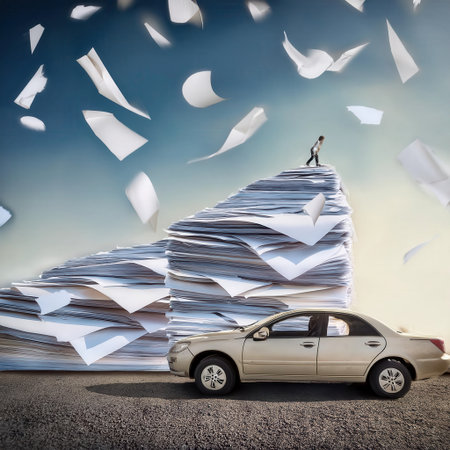 A firefly car faces difficulty driving up a steep slope constructed from stacked papers while a person observes from the top.の素材