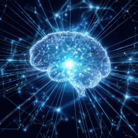 Glowing brain sits at the center of a vibrant neural network, surrounded by flowing data streams, symbolizing intelligence and connectivity.の素材