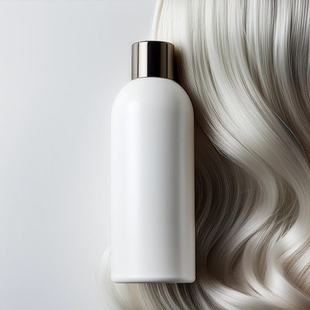 A sleek white hair product bottle stands next to luxurious silver hair, showing a minimalist design perfect for modern beauty routines.の素材