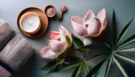 Spa essentials include soft towels, soothing candles, and fresh lotus flowers arranged beautifully on a calming surface to create a peaceful setting.の素材