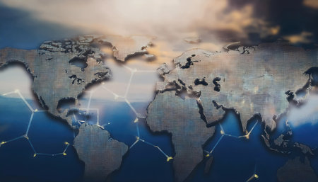 Visual representation of a firefly world map showing geographical features, highlighting connections in the United States and worldwide.の素材