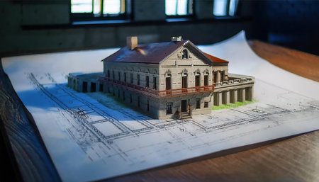 A small architectural model showcases a historical building, meticulously placed on a blueprint sheet on a table under good lighting.の素材
