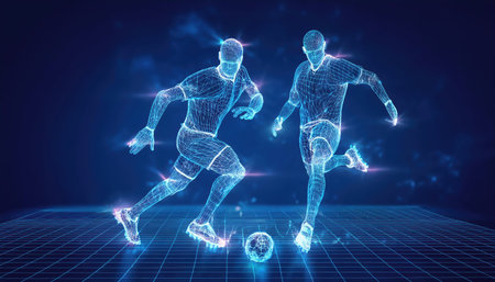 Two wireframe football players are captured in an electrifying moment of play on a blue background showing their skill as they compete for the ballの素材