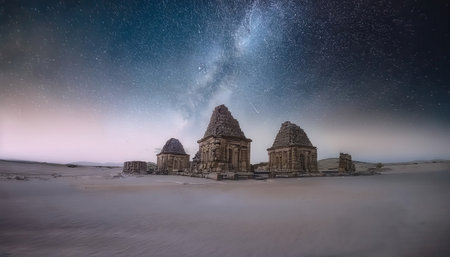 Majestic ruins of ancient structures rise from the sand of an alien planet, bathed in the glow of a galaxy brimming with stars against the night sky.の素材