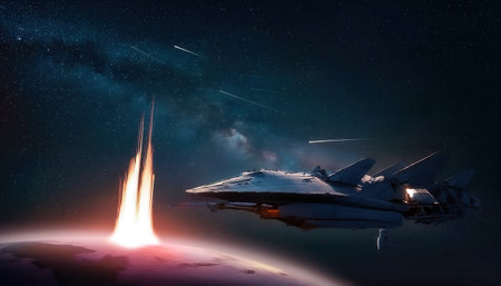 A battle ship named Firefly is prepared for action, emitting bright lasers while distant explosions light up the dark expanse of space.の素材