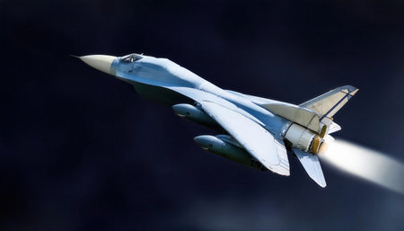 A firefly air to air missile is in flight, launched from a fighter jet into a dark background, exemplifying advanced military technology and aerial capability.の素材