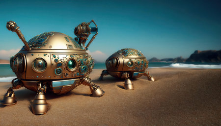 Two unique firefly naruni repo bots are positioned on a sandy beach, surrounded by gentle ocean waves and a clear blue sky.の素材