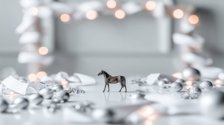 A decorative Christmas frame showcases white ornaments and silver details with a small silver horse placed amidst sparkling decorations creating a festive atmosphere.の素材