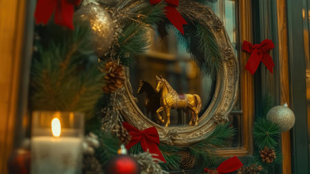 festive Christmas frame displays lush pine branches and vibrant red bows highlighted by shiny gold ornaments and a delightful golden horse figurine inside the frame.の素材