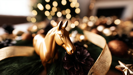 Festive decor showcases sparkling fairy lights and golden ribbons featuring a golden horse figurine surrounded by ornaments and holiday greenery.の素材