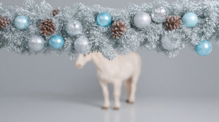 Pine branches coated with frost and adorned with sparkling silver and blue ornaments set a cheerful scene for Christmas gatherings and winter festivities.の素材