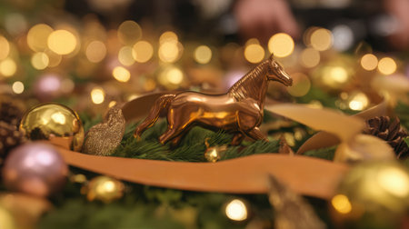 Golden horse figurine rests among sparkling fairy lights and golden ribbons creating a warm festive atmosphere for holiday celebrations and gatherings.の素材