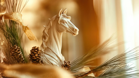 Christmas decoration showcases a stunning horse figurine nestled among pine branches and berries creating a warm and inviting atmosphere for the holiday season.の素材