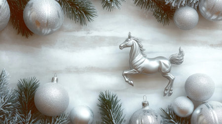 Silver and white ornaments surround a galloping horse decoration enhancing the festive holiday spirit with a touch of elegance on a snowy backdrop.の素材