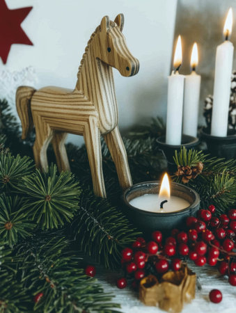 A wooden horse stands among pine branches red berries and candles creating a warm and inviting holiday display perfect for Christmas celebrations.の素材