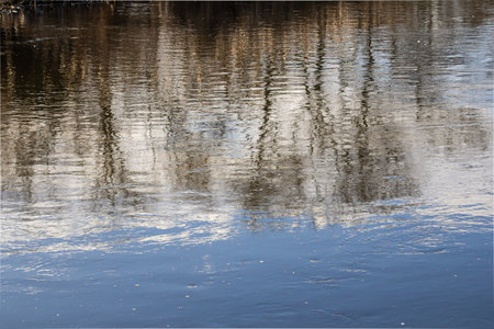 Calm river reflects surrounding trees and clouds under a bright sky capturing the tranquility of an...