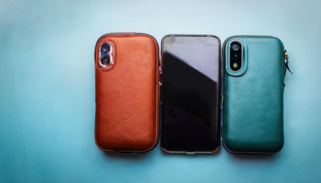 Three stylish smartphones with distinct leather cases are arranged neatly on a smooth blue surface, showing off their unique designs.の素材